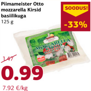 Allahindlus - Piimameister Otto mozzarella Kirsid basiilikuga 125 g