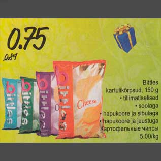 Allahindlus - Bittles kartulikõrpsud, 150 g . tillimatiselised , soolaga .hapukoore ja sibulaga *hapukoore ja juustuga