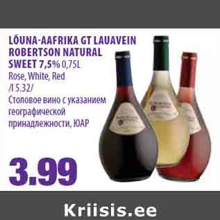 Allahindlus - LÕUNAAAFRIKA GT LAUAVEIN ROBERTSON NATURAL SWEET 7,5% 0,75L Rose, White, Red