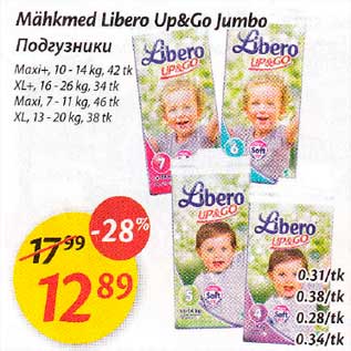 Allahindlus - Mähkmed Libero Up&Go Jumbo .Maxi+,10-14kg, 42tk .XL+,16-26kg,34 tk.Maxi,7-11 kg,46tk .XL,13-20kg,38tk