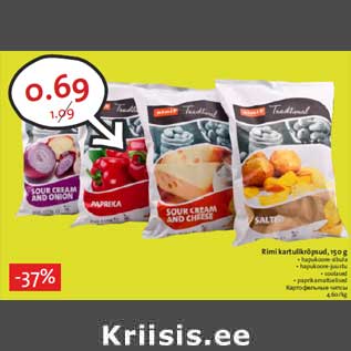 Allahindlus - Rimi kartulikrõpsud, 150 g • hapukoore-sibula • hapukoore-juustu • soolased • paprikamaitselised