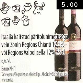 Allahindlus - Itaalia vein Zonin Regions Chianti või Regions Valpolicella