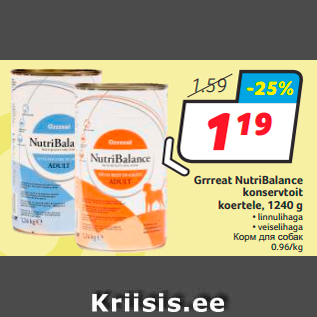 Allahindlus - Grrreat NutriBalance konservtoit koertele, 1240 g