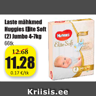 Allahindlus - Laste mähkmed Huggies Elite Soft (2) Jumbo 4-7 KG, 66 TK