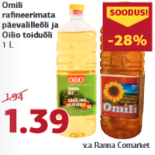 Allahindlus - Omili rafineerimata päevalilleõli ja Oilio toiduõli 1 L