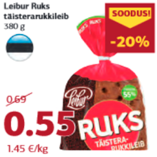 Allahindlus - Leibur Ruks täisterarukkileib 380 g