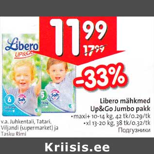 Allahindlus - Libero mihkmed Up&Go Jumbo pakk . maxi+ 10-14 kg, 42 tk/ 0.29 ltk .xl l3-20 kg, 38 tk/0.32ltk