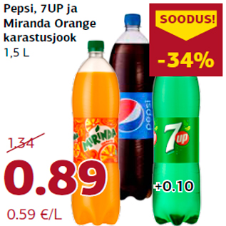 Allahindlus - Pepsi, 7UP ja Miranda Orange karastusjook 1,5 L