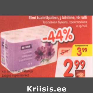 Allahindlus - Rimi tualetpaaber, 3 kihiline, 16 rulli