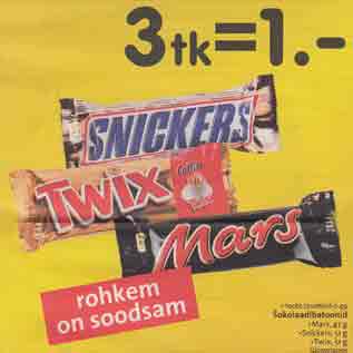 Allahindlus - Šokolaadibatoonid .Mars,47 g .Snickers, 5l g .Twix, 51 g