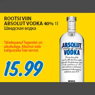 Allahindlus - ROOTSI VIIN ABSOLUT VODKA 40% 1l