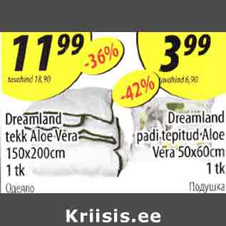 Allahindlus - Dremland padi tepitud Aloe Vera 50 x60 cm 1 tk; Dremland tekk Aloe Vera 150 x 200 cm 1 tk