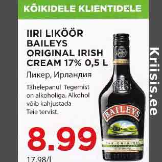 Allahindlus - IIRI LIKÖÖR BAILEYS IRISH CREAM 17% 0,5 L