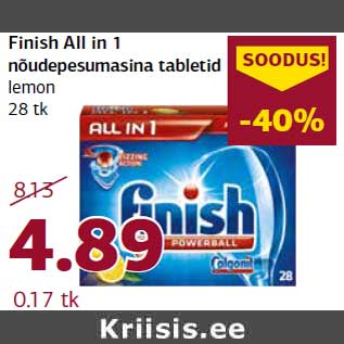 Allahindlus - Finish All in 1 nõudepesumasina tabletid