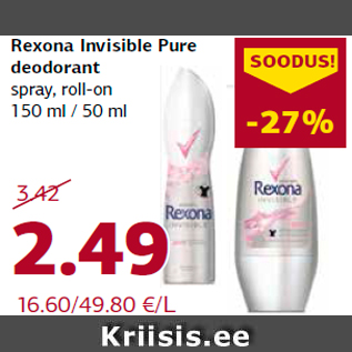 Allahindlus - Rexona Invisible Pure deodorant