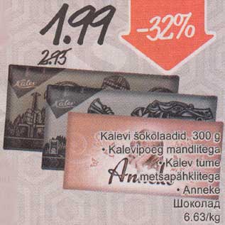 Allahindlus - Kalevi šоkоlааdid. 300 g . Kalevipoeg mandlitega .Kalev tume Metsaрähкlitegа .Аnnеkе