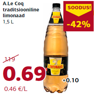 Allahindlus - A.Le Coq traditsiooniline limonaad 1,5 L