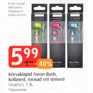 Allahindlus - Kõrvaklappid Neon Buds, kollased, roosad või sinised