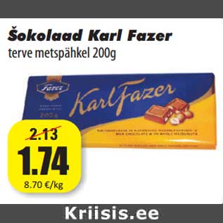 Allahindlus - Šokolaad Karl Fazer terve metspähkel 200g