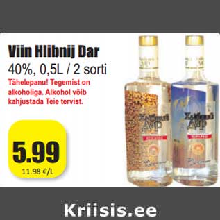 Allahindlus - Viin Hlibnij Dar 40%, 0,5L / 2 sorti