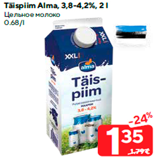 Allahindlus - Täispiim Alma, 3,8-4,2%, 2 l