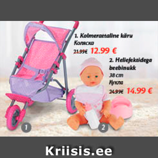 Allahindlus - 1. Kolmerattaline käru - 12,99; 2. Hellefektidega beebinukk 38 cm - 14,99