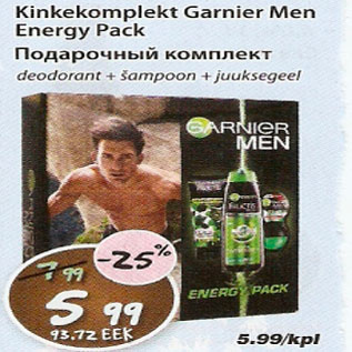 Allahindlus - Kinkekomplekt Garnier Men Energy Pack deodorant + šampoon + juuksegeel