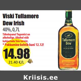 Allahindlus - Viski Tullamore Dew Irish 40%, 0,7L