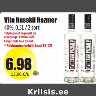 Allahindlus - Viin Russkii Razmer 40%, 0,5L / 2 sorti