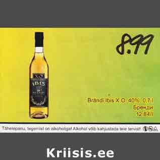 Allahindlus - Вrändi Ibis Х.O. 40%, 0,7 l