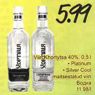 Allahindlus - Viin Khortytsa 40%, 0,5 l . Platinum . Silver Cool maitsestatud viin