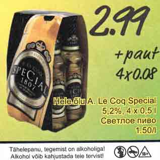 Allahindlus - Hele õlu A.Le Coq Special 5,2%,4 х 0,5 l