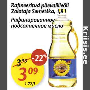 Allahindlus - Rafineeritud päevalilleõli Zolotaja Semetška, 1,8 l