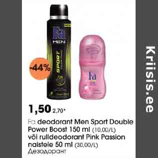 Allahindlus - Fa deodorant Меn Sport Double Power Boost 150 ml või rulldeodorant Pink Passion naistele 50 ml