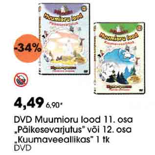 Allahindlus - DVD Muumioru lood 11. osa "Päikesevarjutus" või l2. оsa "Kuumaveeallikas" 1 tk