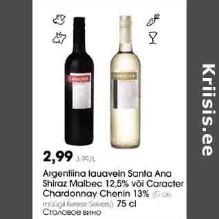 Allahindlus - Argentiina lauavein Santa Аna Shiraz Мaibес I2,5% või Сaraсtеr Chardonnay Сhеnin l3% (Ei оlе müügil Kerese Severis) 75 cl