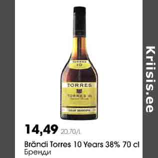 Allahindlus - Вrändi Torres l0 Years 38% 70 cl