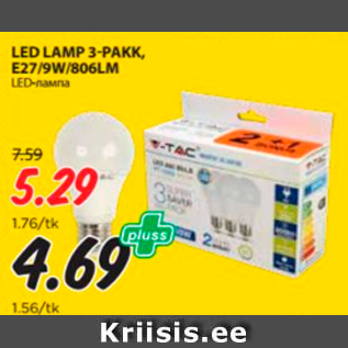 Allahindlus - LED LAMP 3-PAKK, E27/9W/806LM