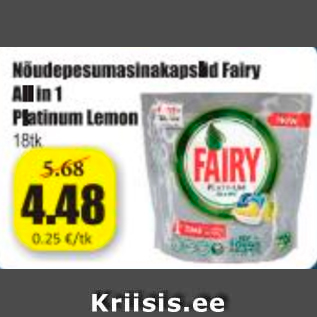 Allahindlus - Nõudepesumasinakapslid Fairy All in 1 Platinum Lemon 18 tk