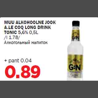 Allahindlus - MUU ALKOHOOLNE JOOK A.LE COQ LONG DRINK TONIC 5,6% 0,5L