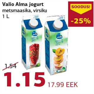 Allahindlus - Valio Alma jogurt metsmaasika, virsiku 1 L