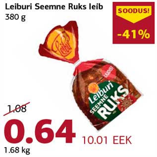 Allahindlus - Leiburi Seemne Ruks leib 380 g