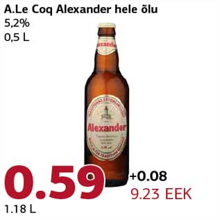 Allahindlus - A.Le Coq Alexander hele õlu 5,2% 0,5 L