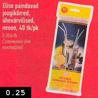 Allahindlus - Elise painduvad joogikõrred, ühevärvilised, neoon, 40 tk/pk