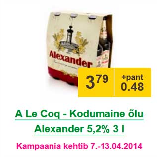 Allahindlus - A Le Coq - Kodumaine õlu Alexander 5,2% 3 l