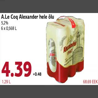 Allahindlus - A.Le Coq Alexander hele õlu 5,2% 6 x 0,568 L