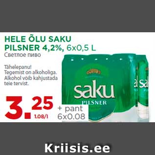 Allahindlus - HELE ÕLU SAKU PILSNER 4,2%, 6x0,5 L