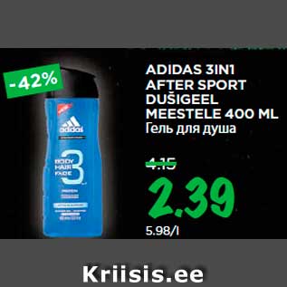 Allahindlus - ADIDAS 3IN1 AFTER SPORT DUŠIGEEL MEESTELE 400 ML