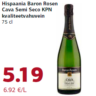 Allahindlus - Hispaania Baron Rosen Cava Semi Seco KPN kvaliteetvahuvein 75 cl