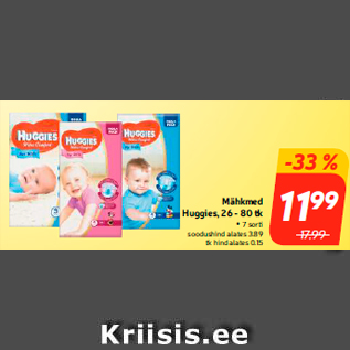 Allahindlus - Mähkmed Huggies, 26 - 80 tk